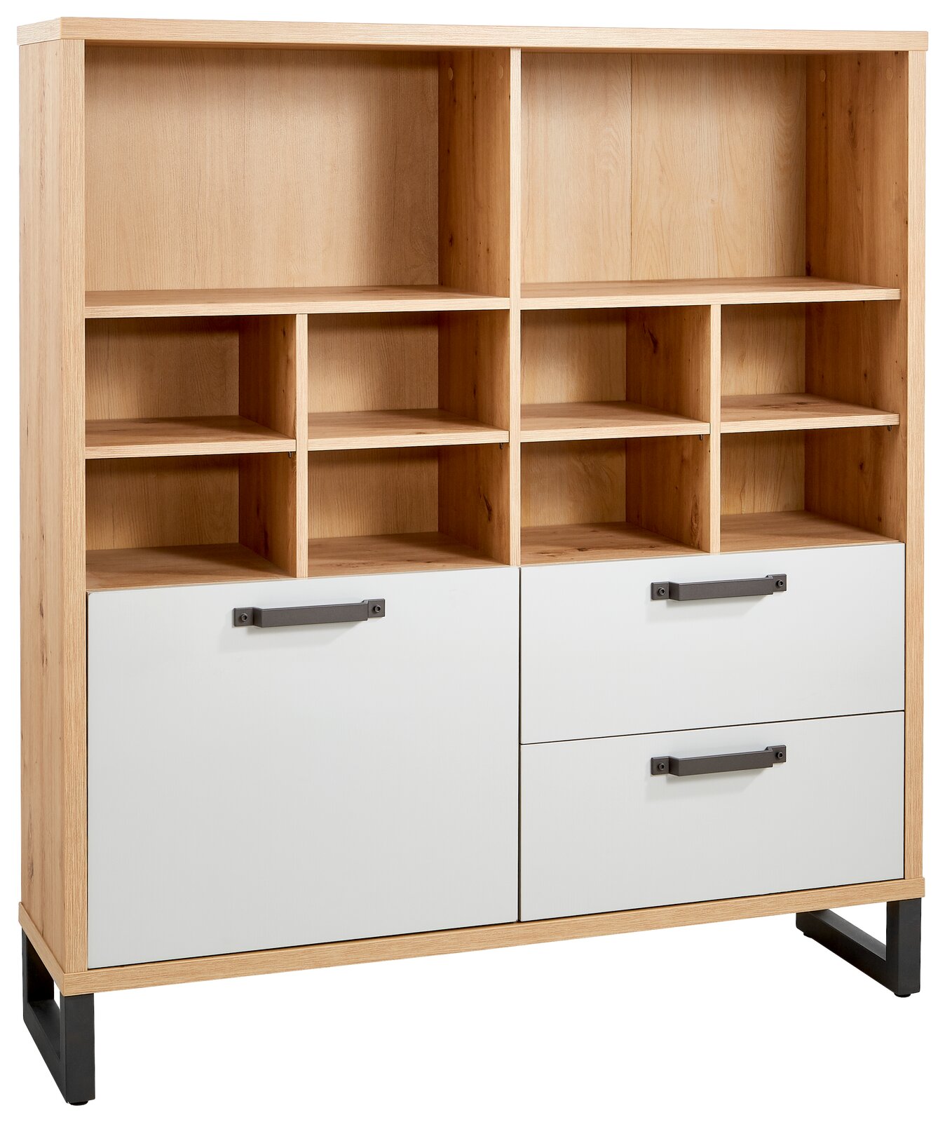 Multifunktionsregal aus Holz mit offenen Fächern und Schubladen, Frontalansicht