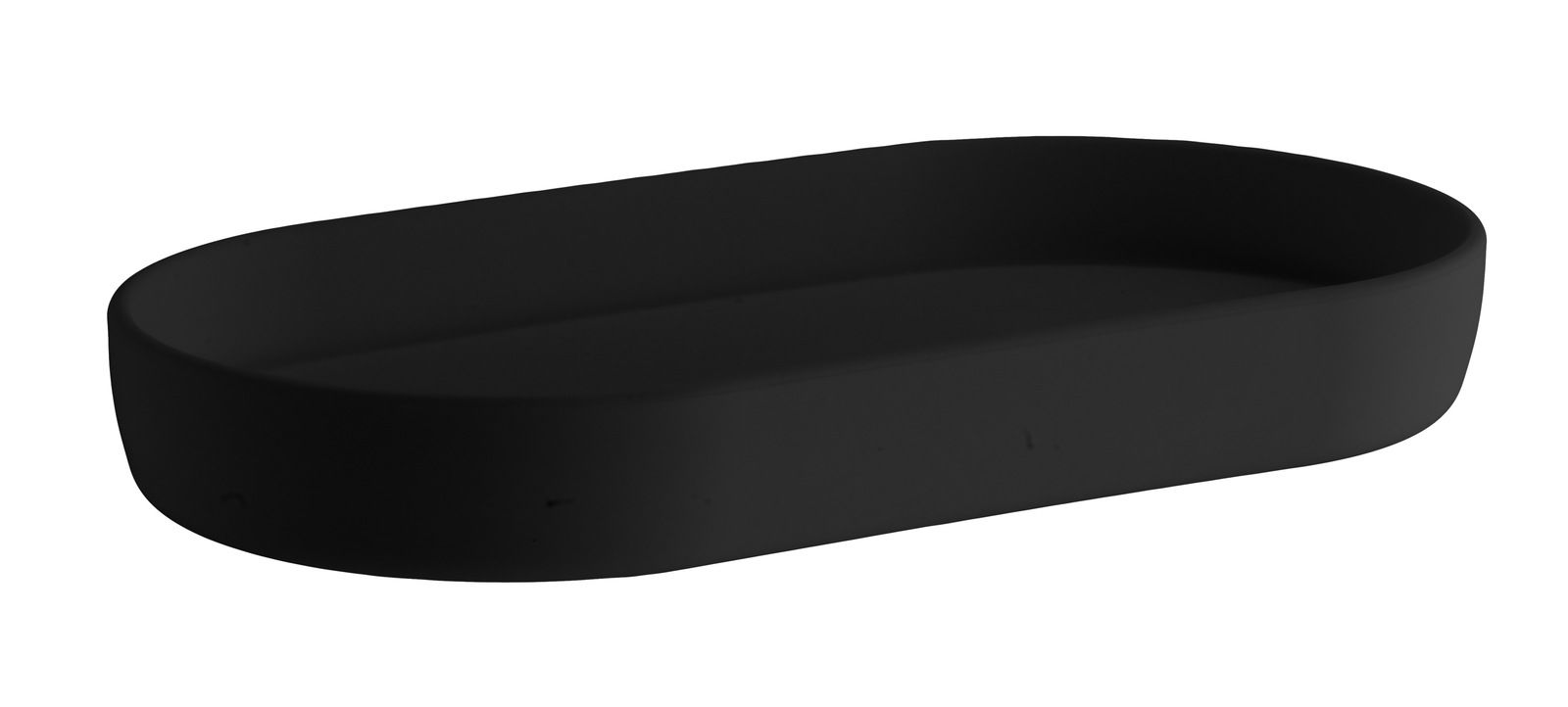 Schwarze Seifenschale aus Kunststoff in rechteckiger Form, seitliche Perspektive