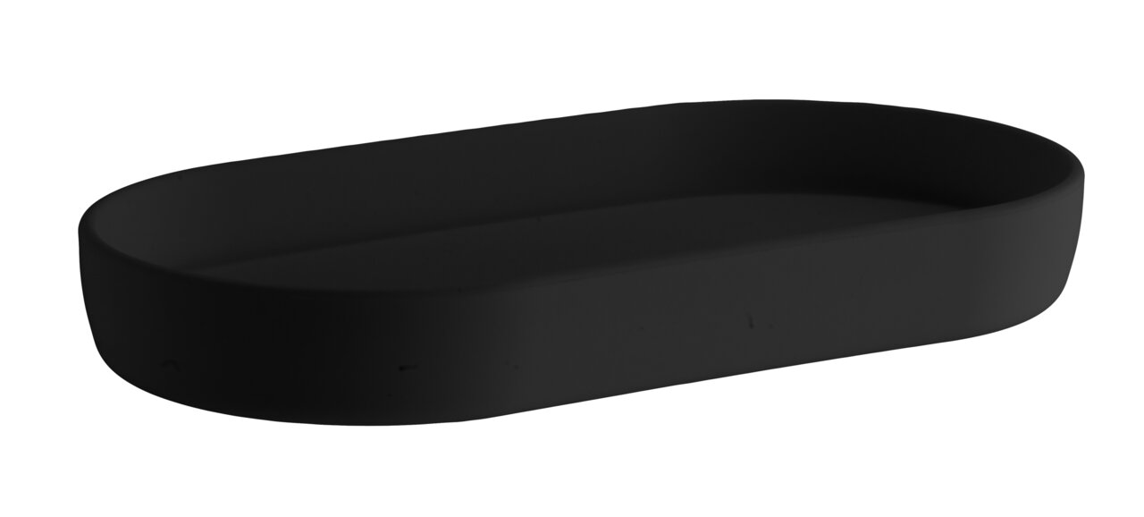 Schwarze Seifenschale aus Kunststoff in rechteckiger Form, seitliche Perspektive