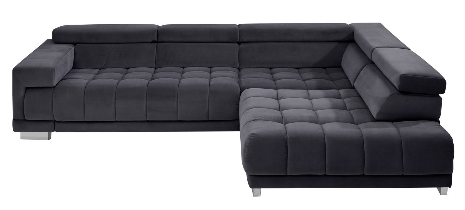 Ecksofa in dunklem Stoff mit moderner Steppung, Ansicht von vorne.