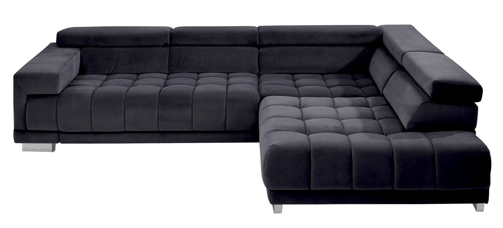 Ecksofa in dunklem Stoff mit moderner Steppung, Ansicht von vorne.