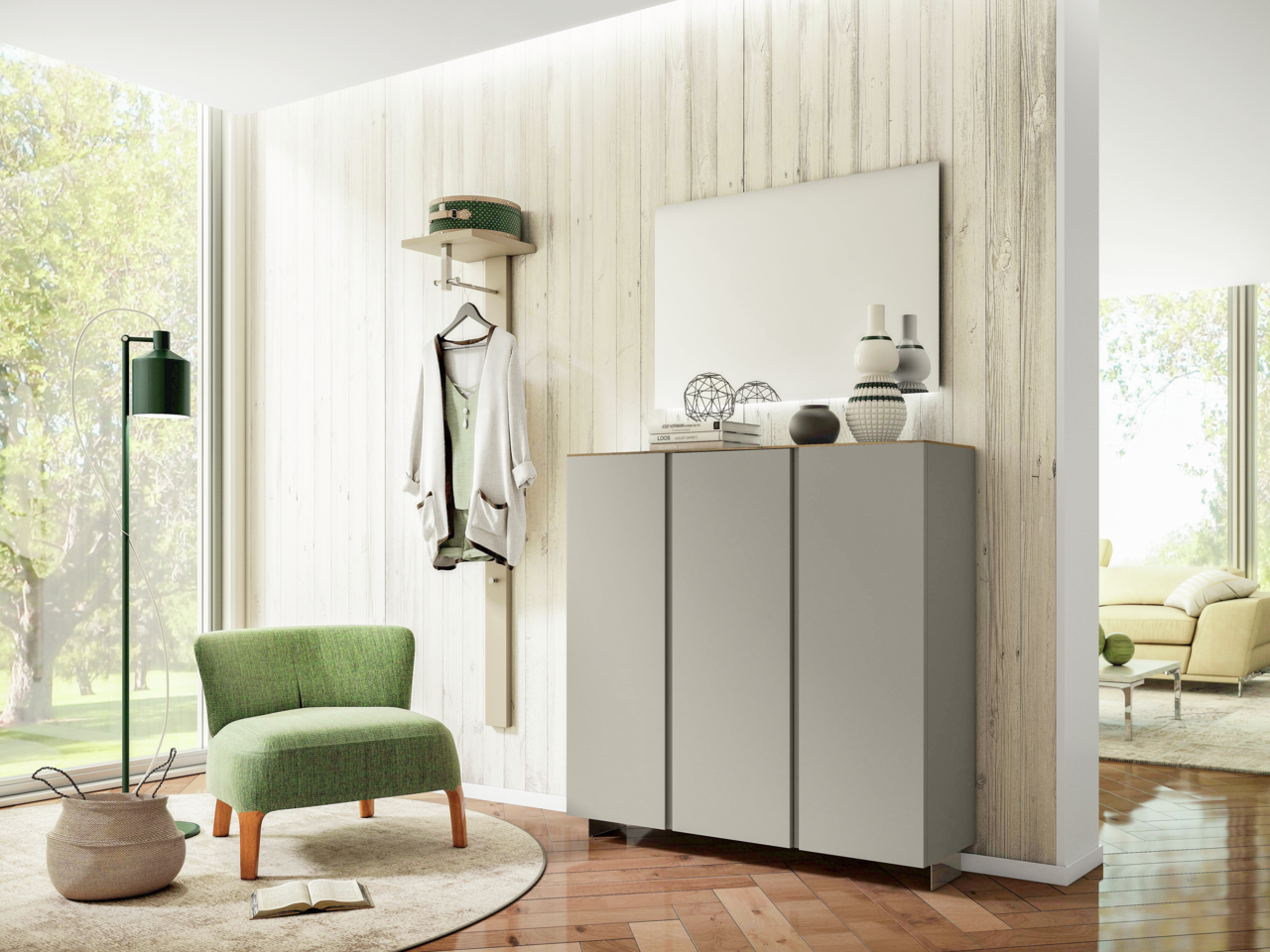 Moderano XL-Hängeschuhschrank LECCO Moderner Eingangsbereich mit Garderobenschrank, Spiegel und grünem Sessel, seitliche Perspektive
