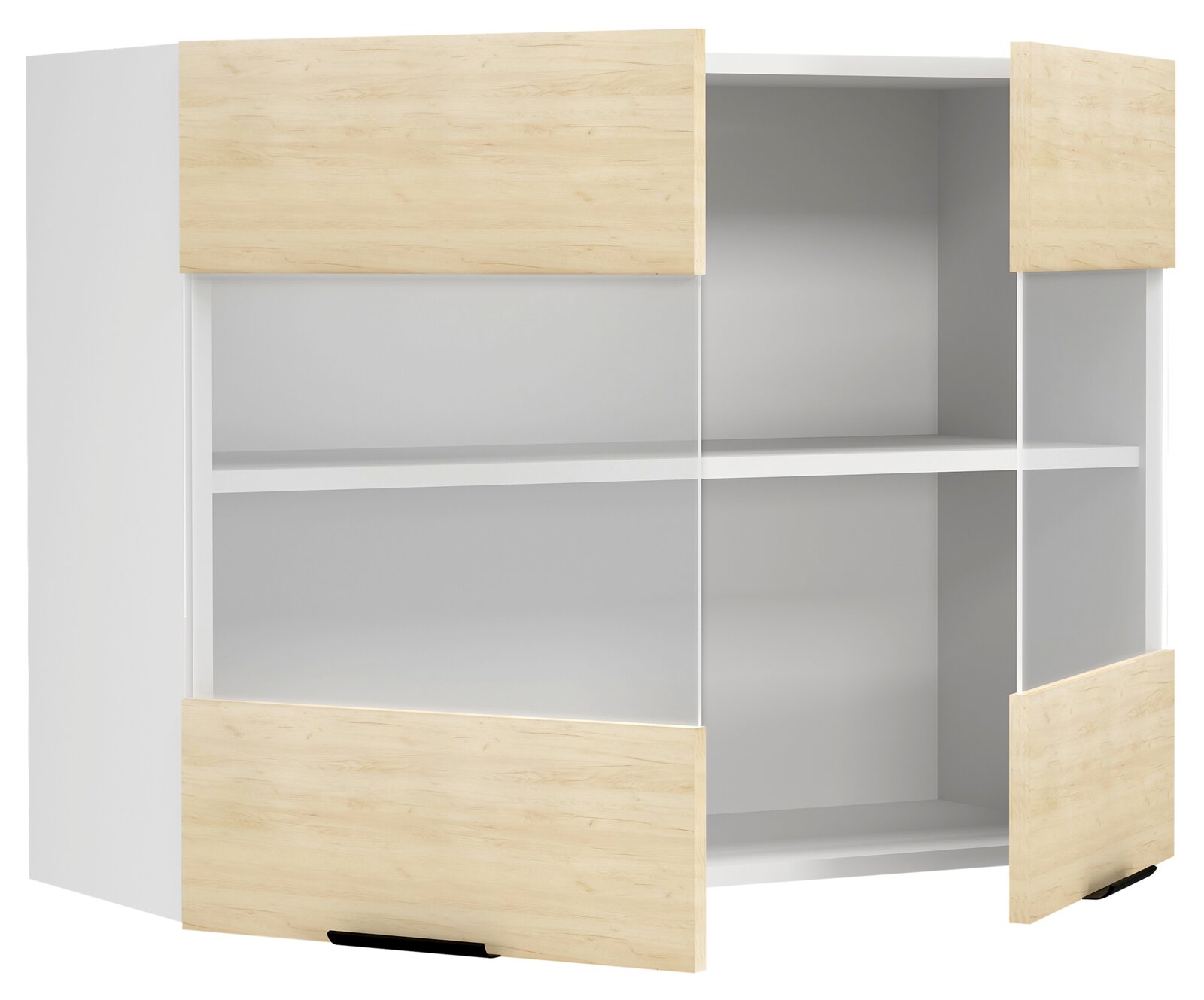 Moderner weißer Schrank mit hellen Holzfronten und offenen Fächern, perspektivische Ansicht schräg von vorn bei geöffneten Türen/Fronten