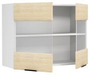 Moderner weißer Schrank mit hellen Holzfronten und offenen Fächern, perspektivische Ansicht schräg von vorn bei geöffneten Türen/Fronten