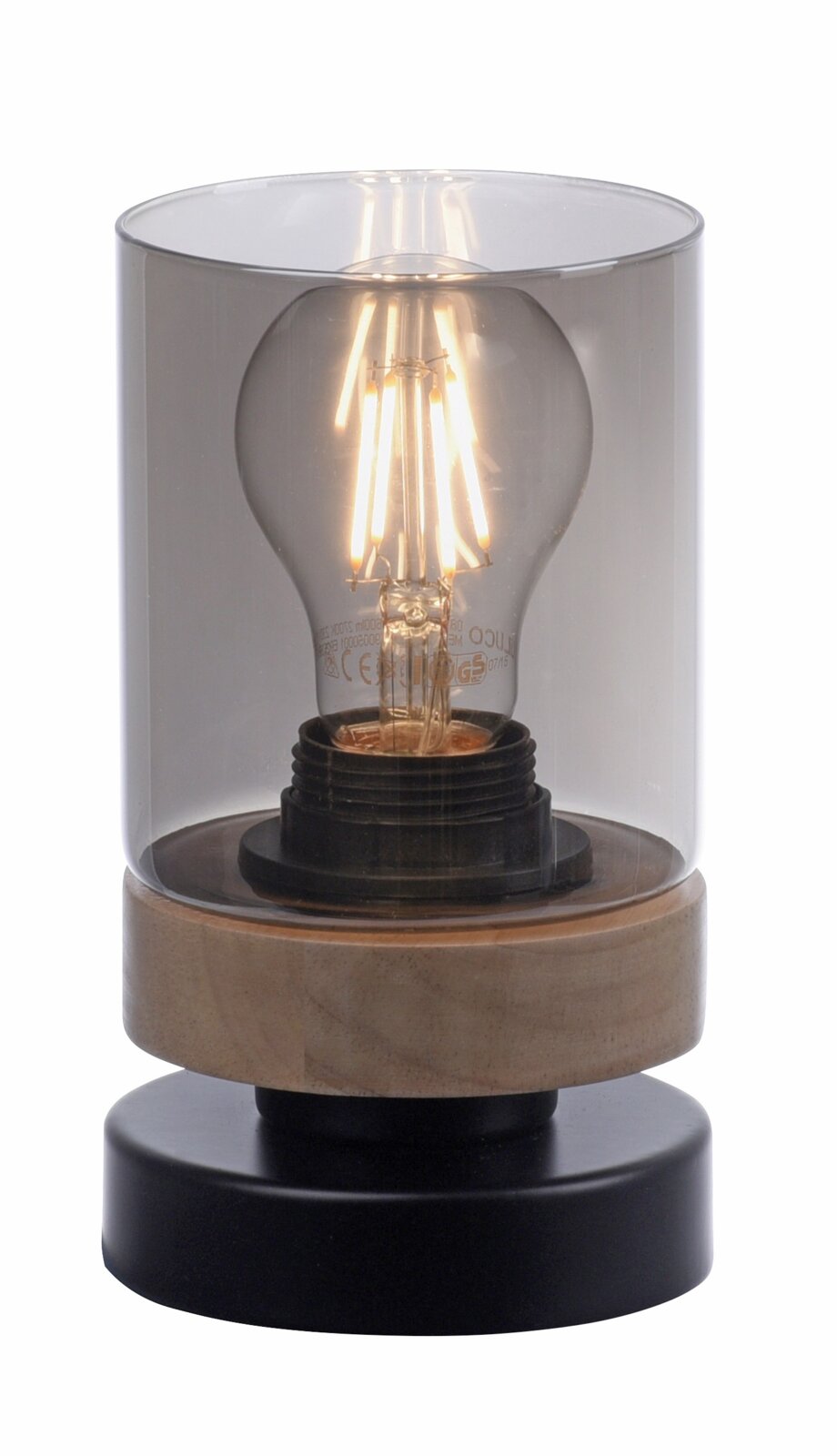 Moderne Tischleuchte mit zylindrischem Rauchglas-Schirm, sichtbarer LED-Filamentlampe und Holzsockel auf schwarzem Fuß, frontale Ansicht