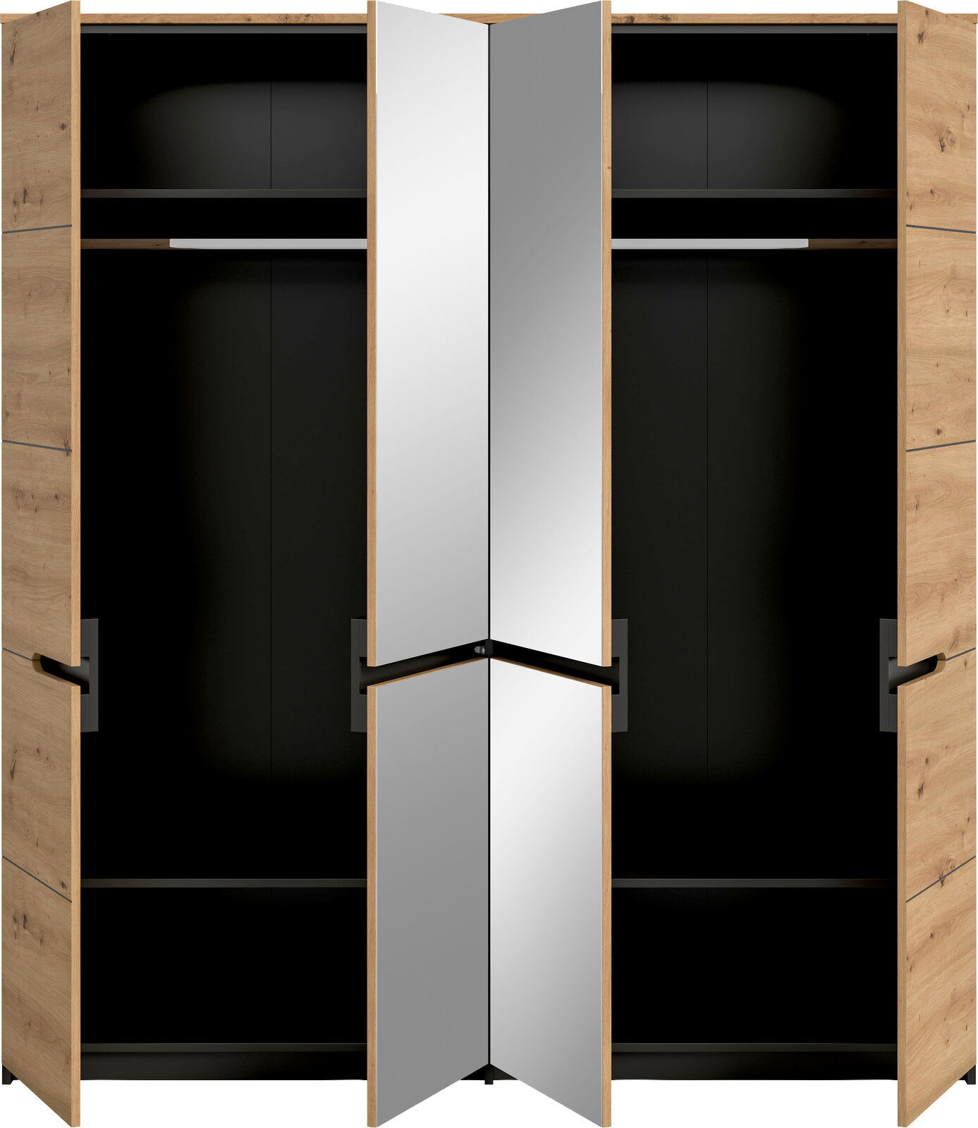 Offener Kleiderschrank in Eiche-Optik mit schwarzem Innenraum, mittigen Spiegeltüren, Kleiderstangen und Einlegeböden, Frontansicht