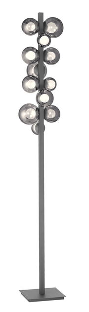 Moderne LED-Stehleuchte mit mehreren kugelförmigen Leuchten, seitliche Perspektive.