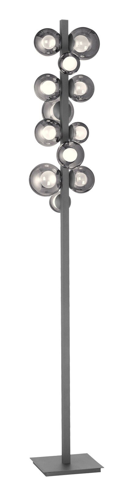Moderne LED-Stehleuchte mit mehreren kugelförmigen Leuchten, seitliche Perspektive.