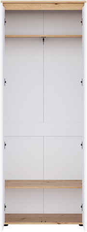 Weißer Kleiderschrank mit vier Türen, Holzdeckplatte und zwei Holzablageböden, Frontansicht von vorne.