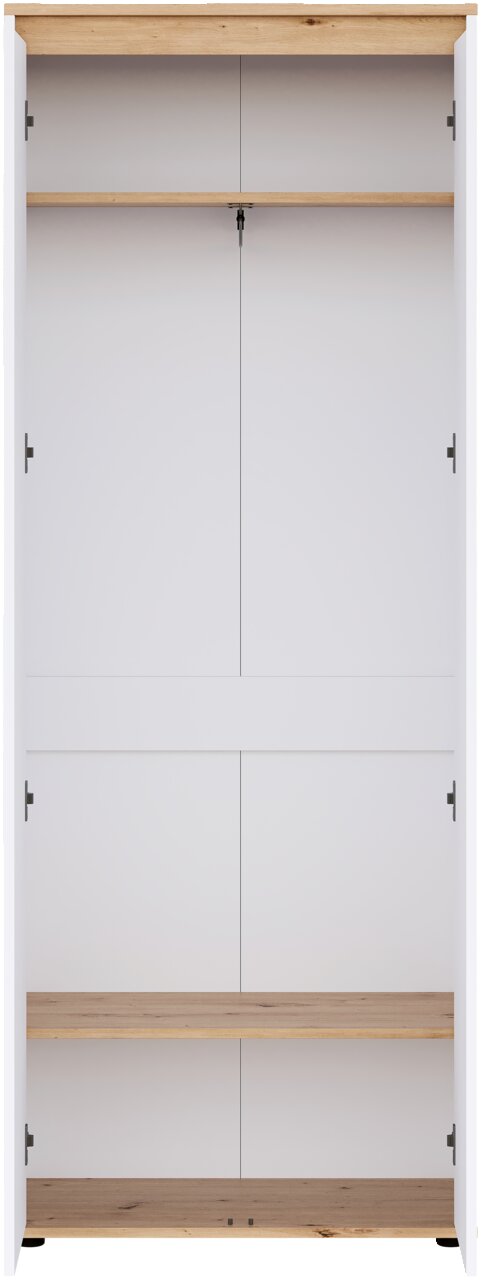 Weißer Kleiderschrank mit vier Türen, Holzdeckplatte und zwei Holzablageböden, Frontansicht von vorne.