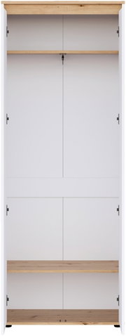 Weißer Kleiderschrank mit vier Türen, Holzdeckplatte und zwei Holzablageböden, Frontansicht von vorne.
