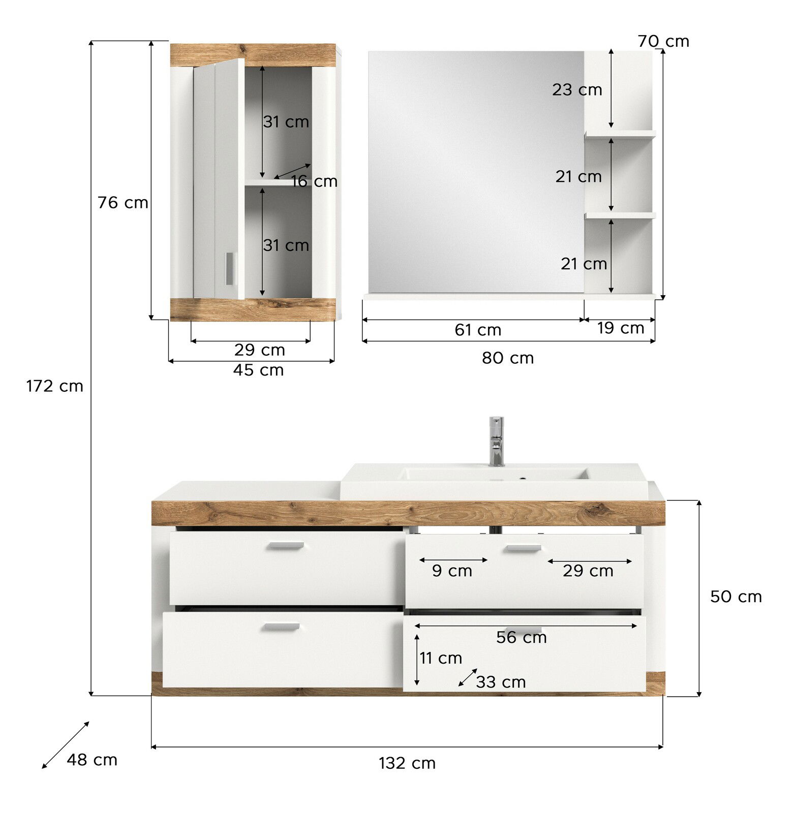 Badkombination mit Holz- und Weißelementen, bestehend aus einem Waschtisch mit Schubladen und einem Spiegelschrank mit Regalen, seitliche Perspektive.