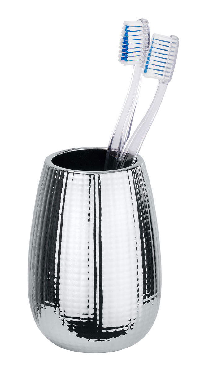 Wenko Keramik Zahnputzbecher Dakar Keramik Zahnputzbecher Dakar in glänzendem Silber mit zwei Zahnbürsten, seitliche Perspektive