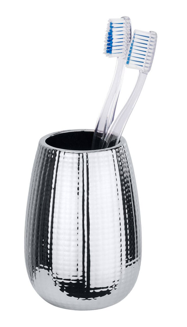 Wenko Keramik Zahnputzbecher Dakar Keramik Zahnputzbecher Dakar in glänzendem Silber mit zwei Zahnbürsten, seitliche Perspektive