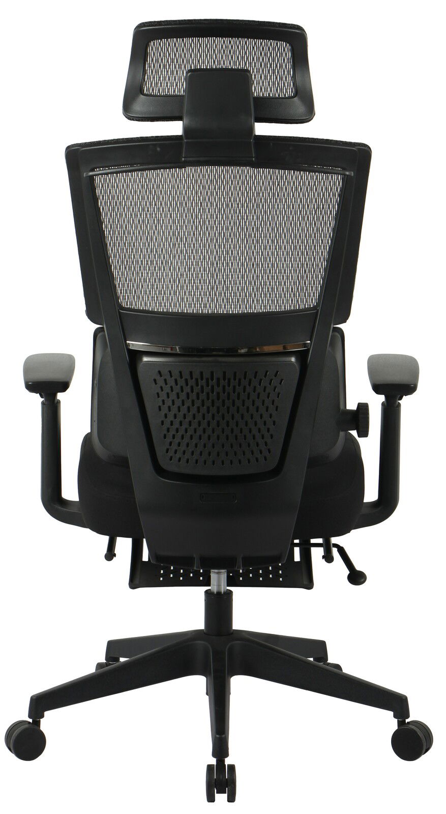 Rückansicht eines modernen Chefsessels mit Netzrückenlehne und verstellbaren Armlehnen.