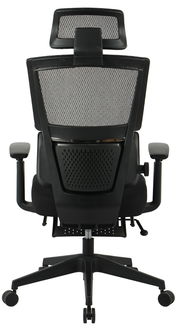 Rückansicht eines modernen Chefsessels mit Netzrückenlehne und verstellbaren Armlehnen.