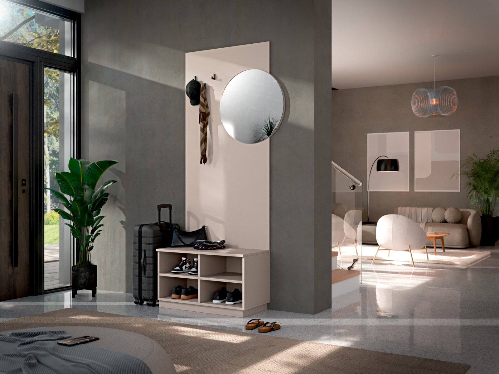 Carryhome Kompaktgarderobe SAMMY Frontale, leicht seitliche Perspektive auf eine moderne Garderobenpaneel-Kombination in Beige mit rundem Spiegel, Haken und offenem Schuhregal im Eingangsbereich