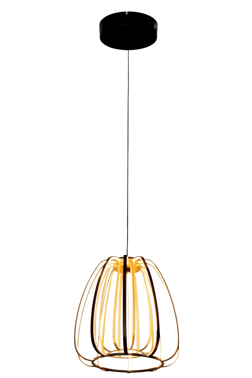 Moderne LED-Hängeleuchte mit schwarzem Baldachin und goldfarbenem, käfigartigem Lampenschirm, seitliche Perspektive