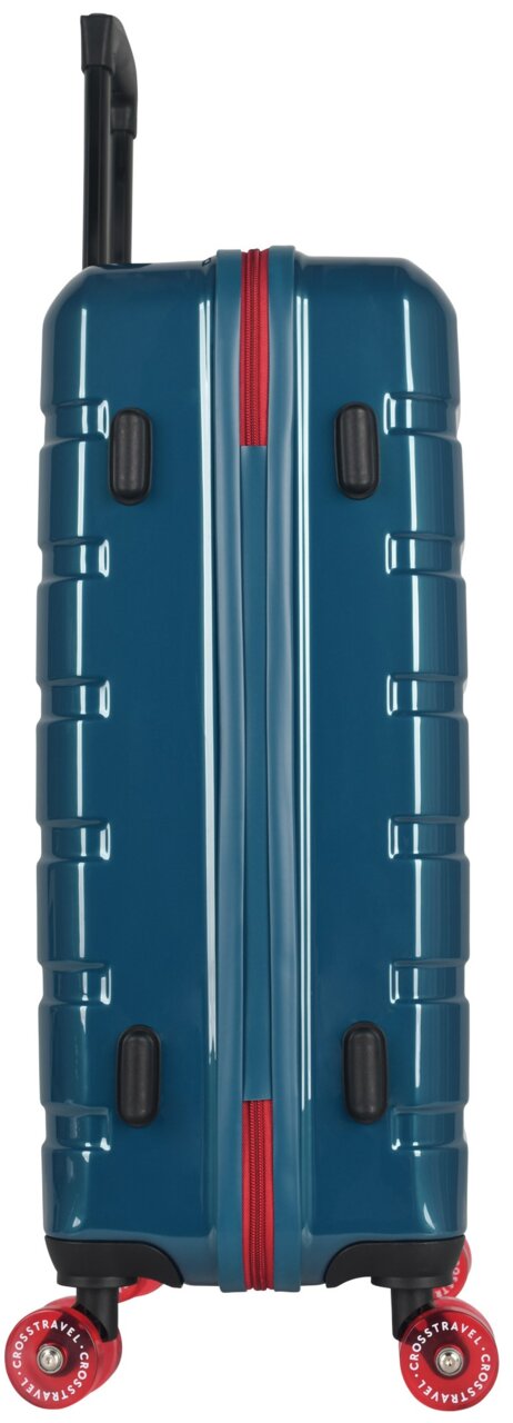 Blauer Hartschalen-Trolley mit rotem Reißverschluss und roten Rollen, Seitenansicht von unten mit ausgezogenem Teleskopgriff