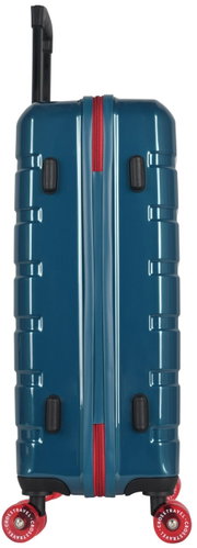Blauer Hartschalen-Trolley mit rotem Reißverschluss und roten Rollen, Seitenansicht von unten mit ausgezogenem Teleskopgriff