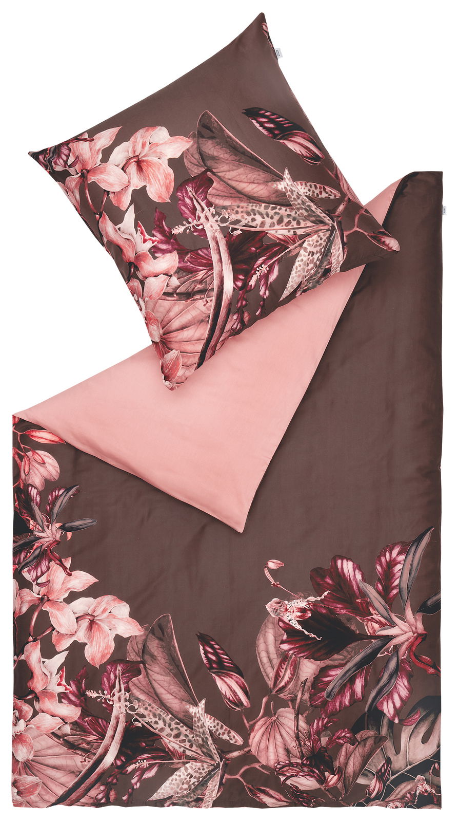 Satin-Bettwäsche 135x200 cm mit floralem Muster in Rosa- und Brauntönen, Draufsicht