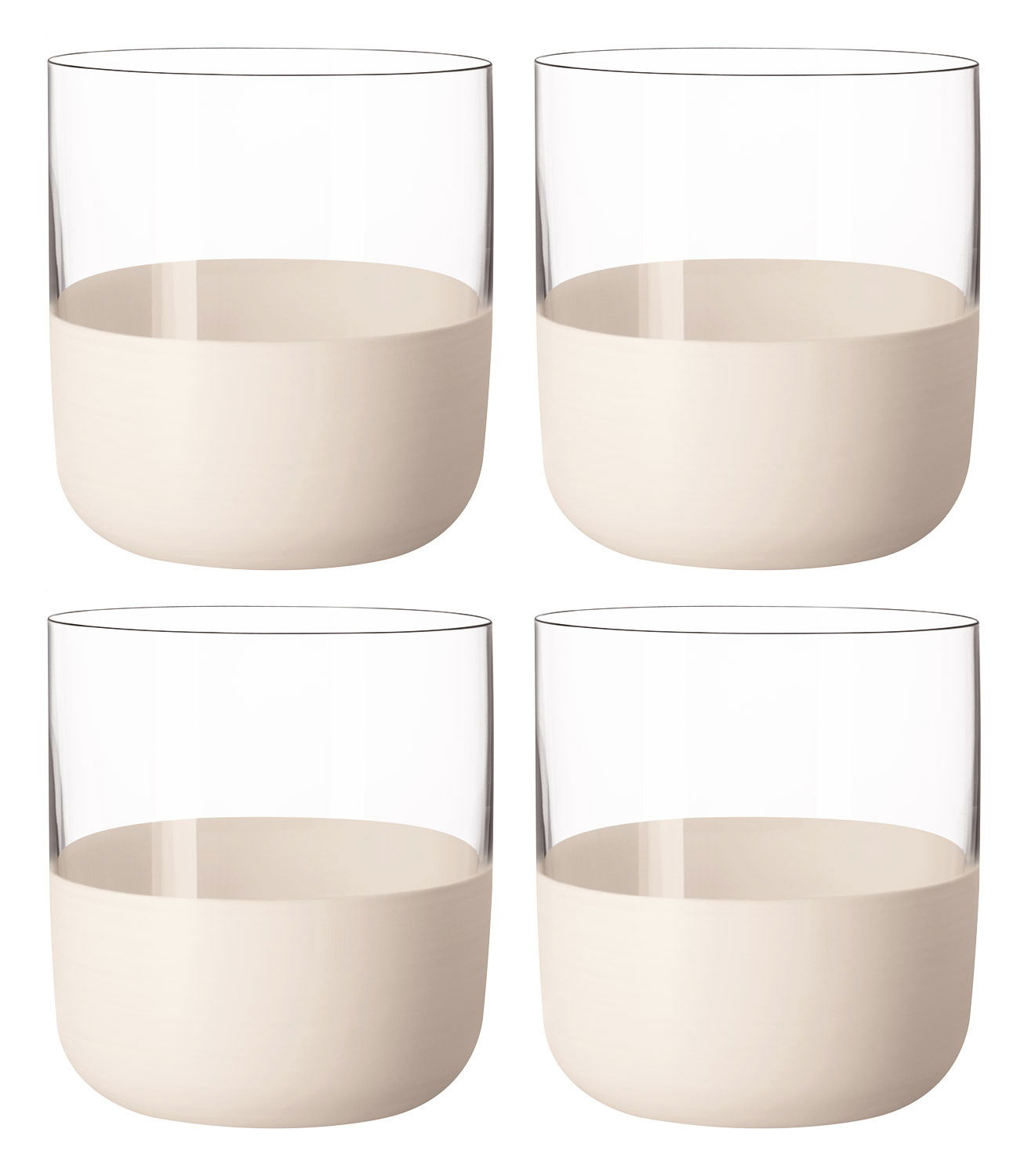 Vier Schnapsgläser mit transparentem oberen Teil und cremefarbenem unteren Teil, aus einer frontalen Perspektive fotografiert.