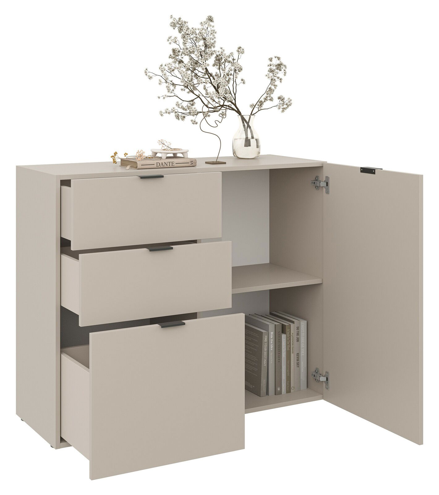 Beige Kommode mit zwei offenen Schubladen und einer geöffneten Tür, dekoriert mit einem Blumenstrauß in einer Vase, aus der Perspektive von vorne.
