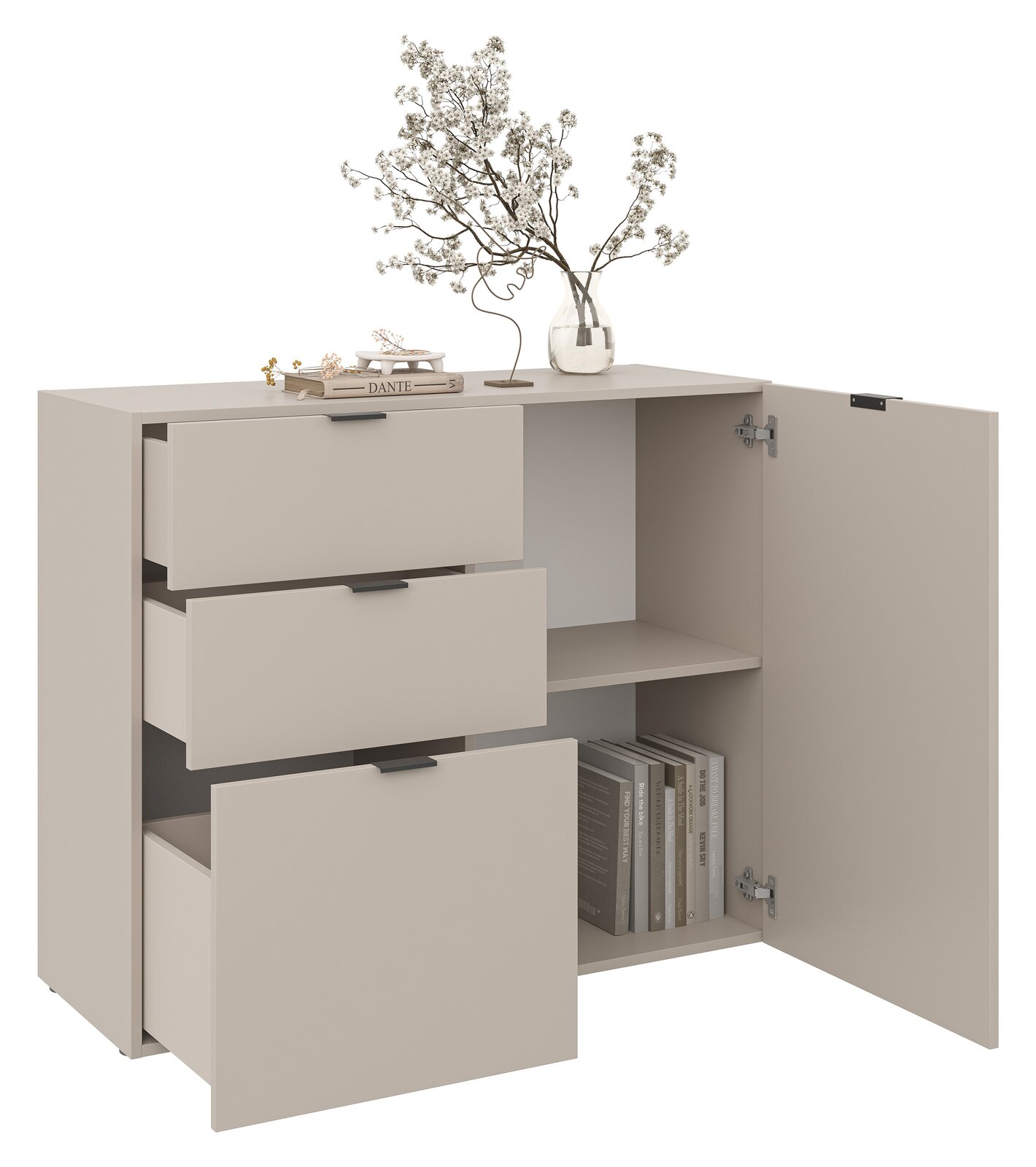 Beige Kommode mit zwei offenen Schubladen und einer geöffneten Tür, dekoriert mit einem Blumenstrauß in einer Vase, aus der Perspektive von vorne.