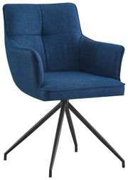 Blauer Armlehnstuhl mit vier schwarzen Metallbeinen, seitliche Perspektive