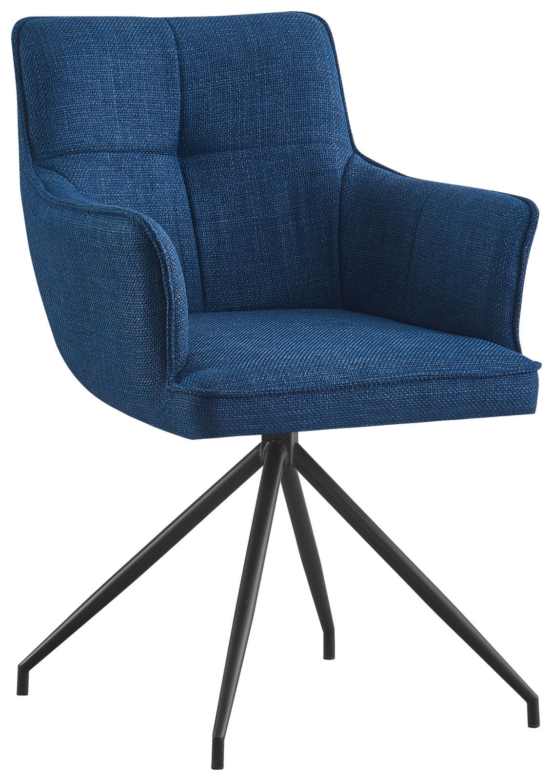 Blauer Armlehnstuhl mit vier schwarzen Metallbeinen, seitliche Perspektive