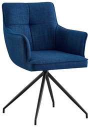 Blauer Armlehnstuhl mit vier schwarzen Metallbeinen, seitliche Perspektive
