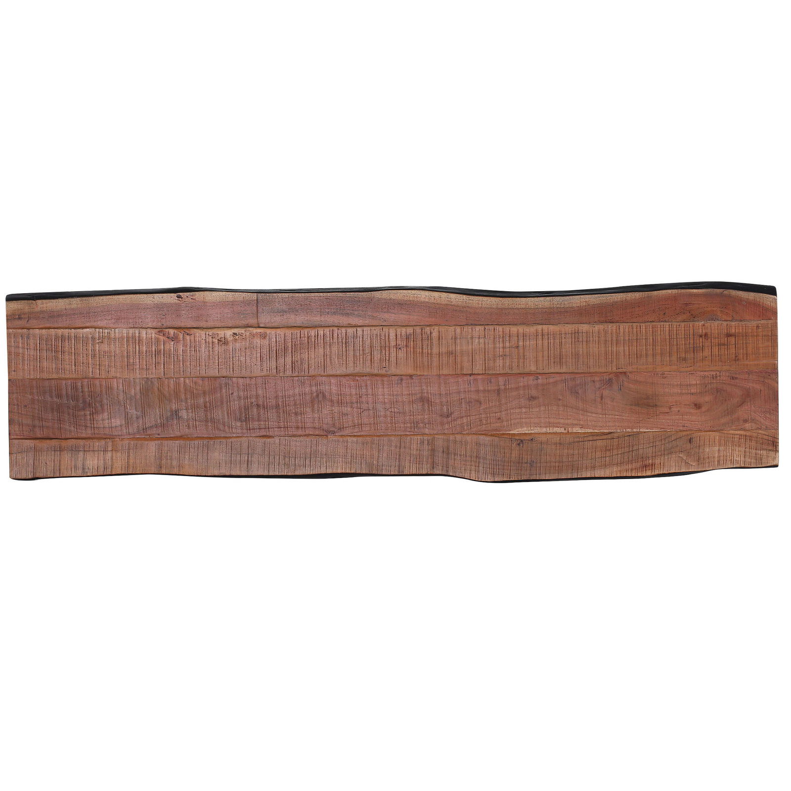 Holzbank aus einer Vogelperspektive, mit natürlicher Maserung und unregelmäßigen Kanten.