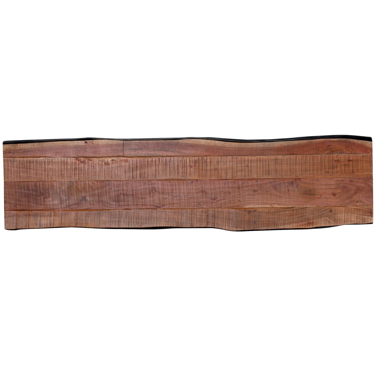 Holzbank aus einer Vogelperspektive, mit natürlicher Maserung und unregelmäßigen Kanten.