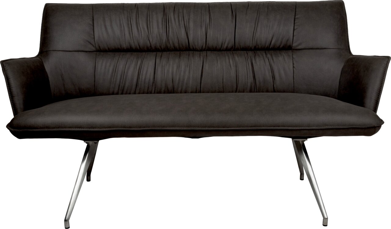 Schwarzes, gepolstertes 2-Sitzer-Sofa mit Armlehnen und schrägen Metallbeinen, Frontansicht.