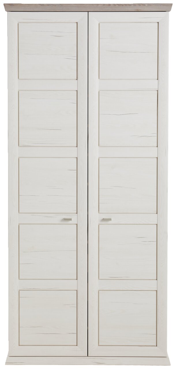 Frontansicht eines großen, weißen Schuhschranks mit zwei Türen und Holzmaserung.