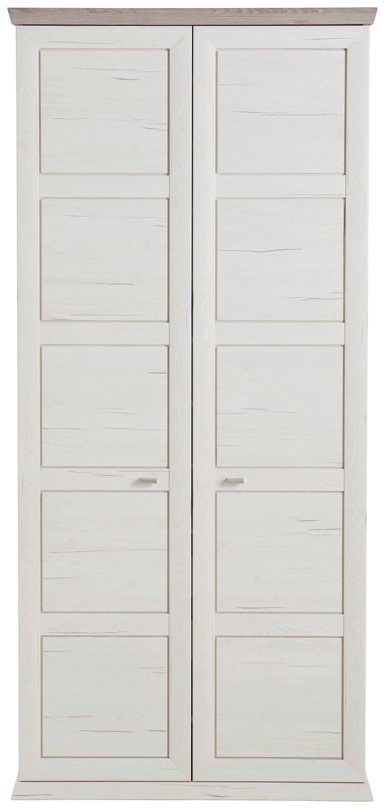 Frontansicht eines großen, weißen Schuhschranks mit zwei Türen und Holzmaserung.