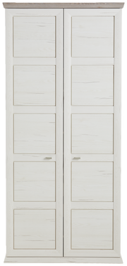 Frontansicht eines großen, weißen Schuhschranks mit zwei Türen und Holzmaserung.
