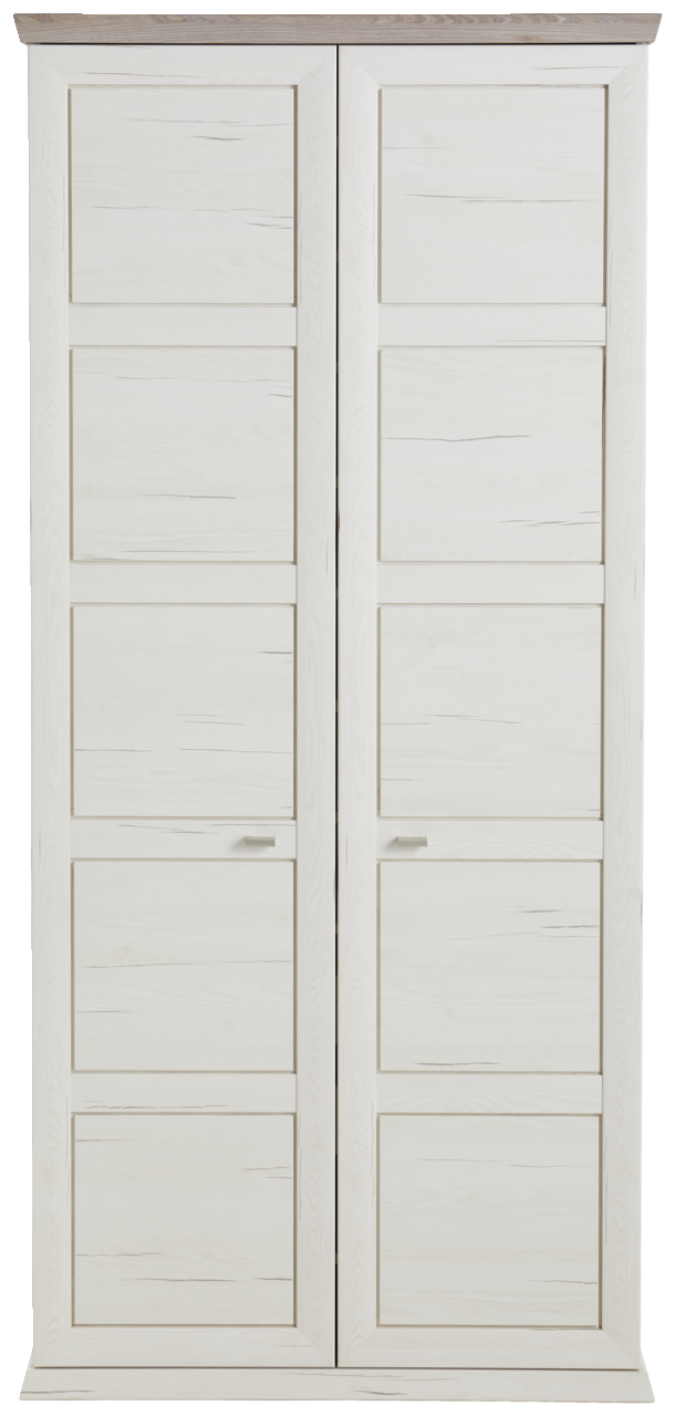 Frontansicht eines großen, weißen Schuhschranks mit zwei Türen und Holzmaserung.
