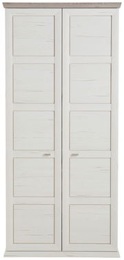 Frontansicht eines großen, weißen Schuhschranks mit zwei Türen und Holzmaserung.