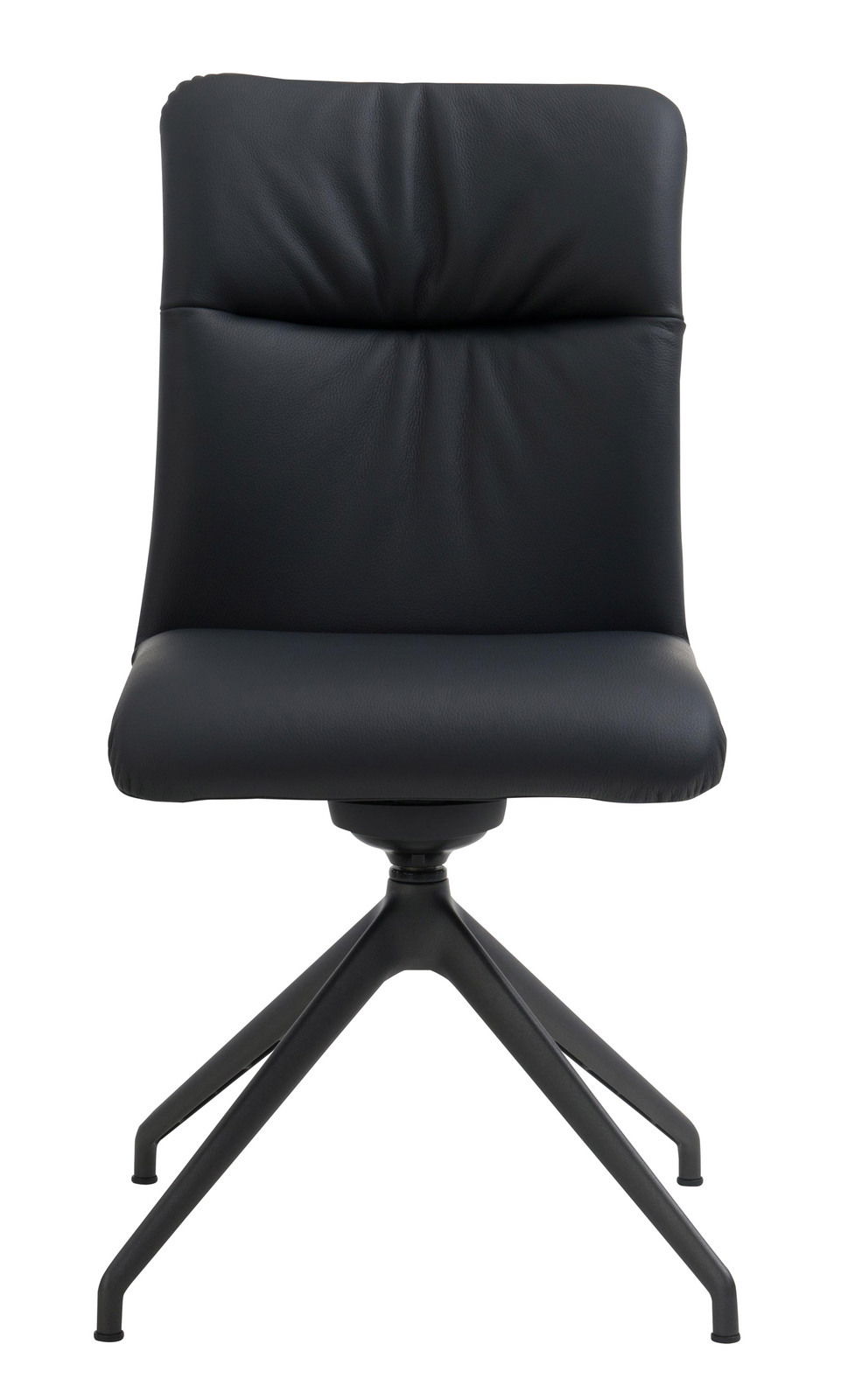Moderner schwarzer Stuhl mit gepolsterter Rückenlehne und vierbeinigem Metallgestell, Frontalansicht.