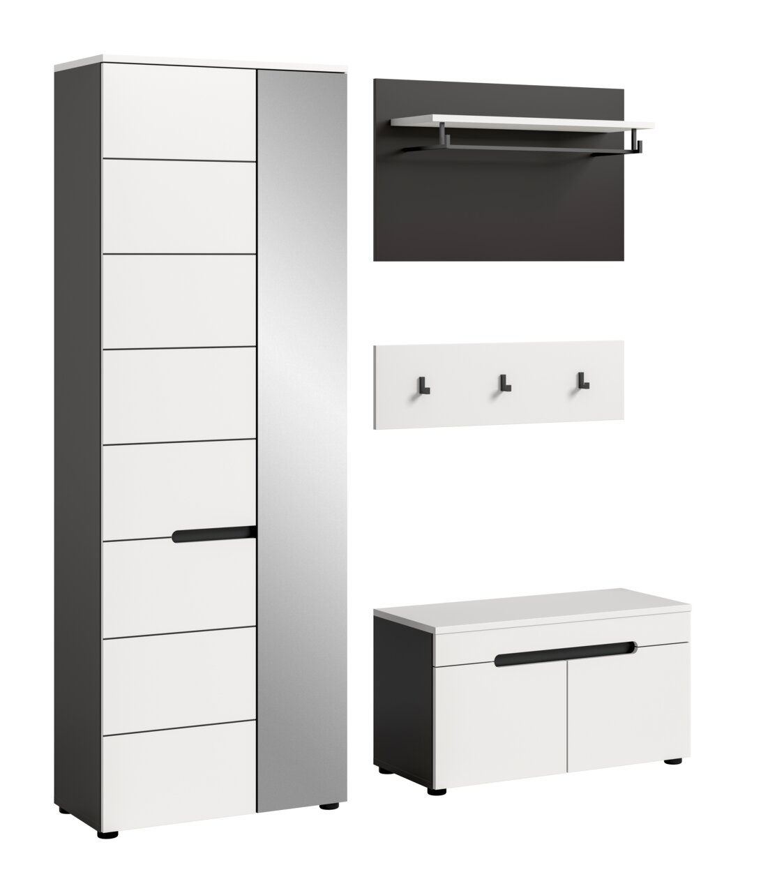 Modernes Garderoben-Set in Weiß und Anthrazit mit hohem Schrank, Wandpaneel mit Ablage und Kleiderstange, Hakenleiste sowie Schuhbank; dargestellt in Frontansicht und leicht schräger Perspektive auf weißem Hintergrund.