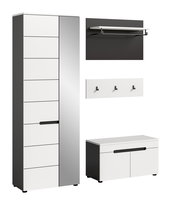 Modernes Garderoben-Set in Weiß und Anthrazit mit hohem Schrank, Wandpaneel mit Ablage und Kleiderstange, Hakenleiste sowie Schuhbank; dargestellt in Frontansicht und leicht schräger Perspektive auf weißem Hintergrund.