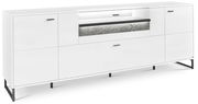 Modernes weißes TV-Lowboard mit Metallbeinen und dekorativer Steinoptik in der Mitte, seitliche Perspektive