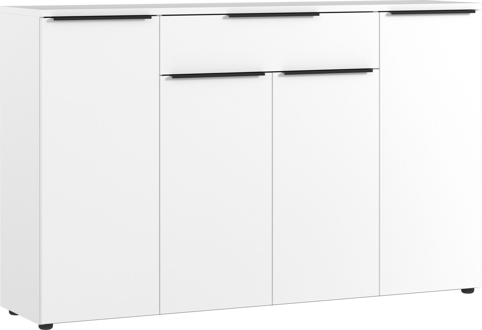 Weißes Sideboard mit drei Türen und einer Schublade, frontale Ansicht