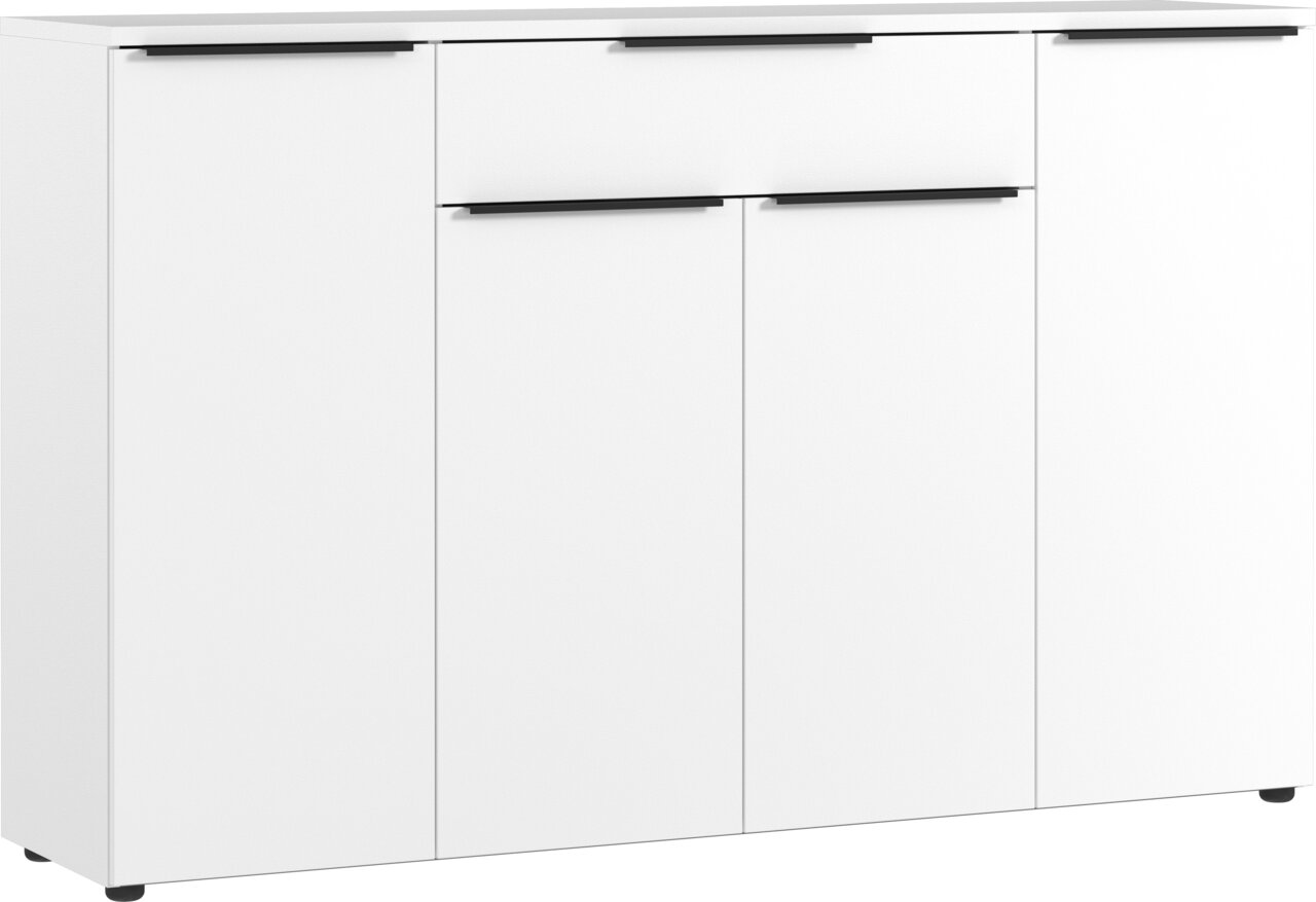 Weißes Sideboard mit drei Türen und einer Schublade, frontale Ansicht