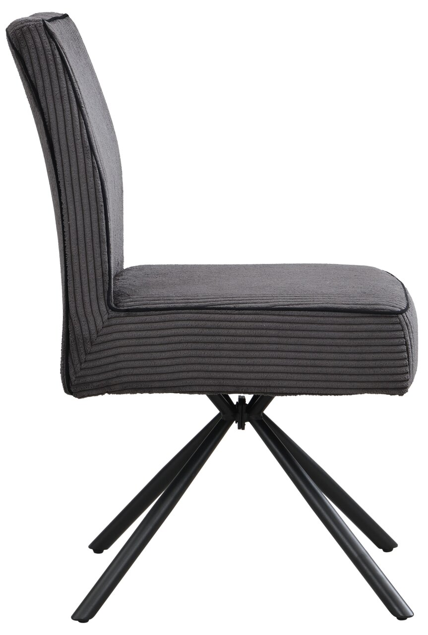 Moderner grauer Stuhl mit gestepptem Stoffbezug und schwarzem Metallgestell, Seitenansicht.