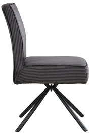 Moderner grauer Stuhl mit gestepptem Stoffbezug und schwarzem Metallgestell, Seitenansicht.