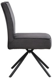 Moderne grijze stoel met gewatteerde stoffen bekleding en een zwart metalen frame, gezien vanaf de zijkant.