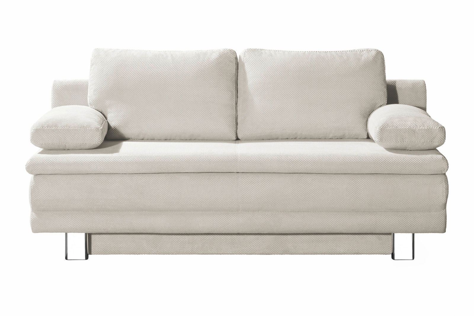 Beige Querschläfer-Sofa mit zwei Rückenkissen und Armlehnen, Frontalansicht
