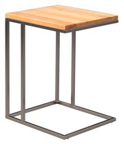 Moderner Beistelltisch mit Holzplatte und Metallgestell, seitliche Perspektive